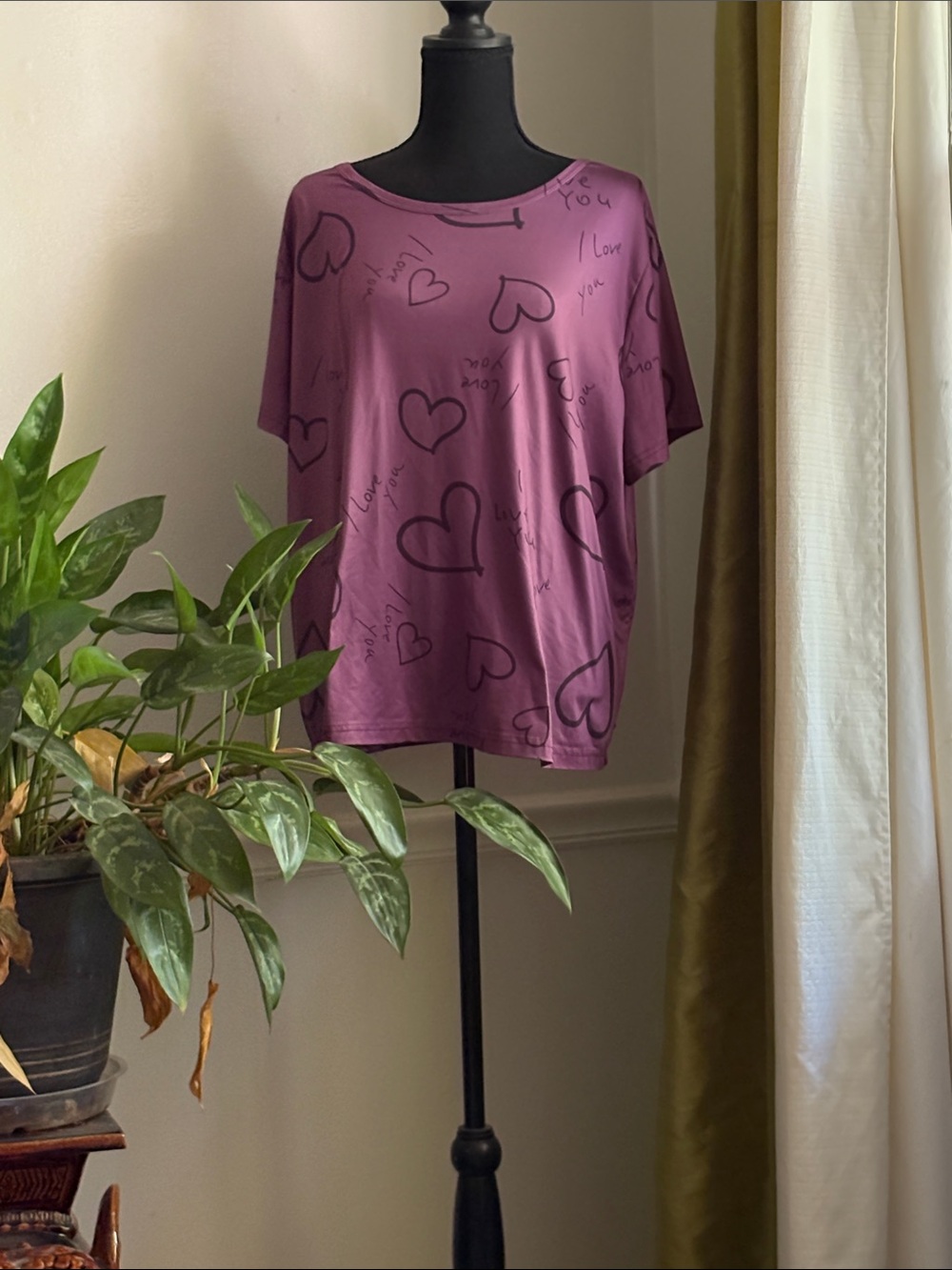 Relaxed Heart Print Women's Top - Plum